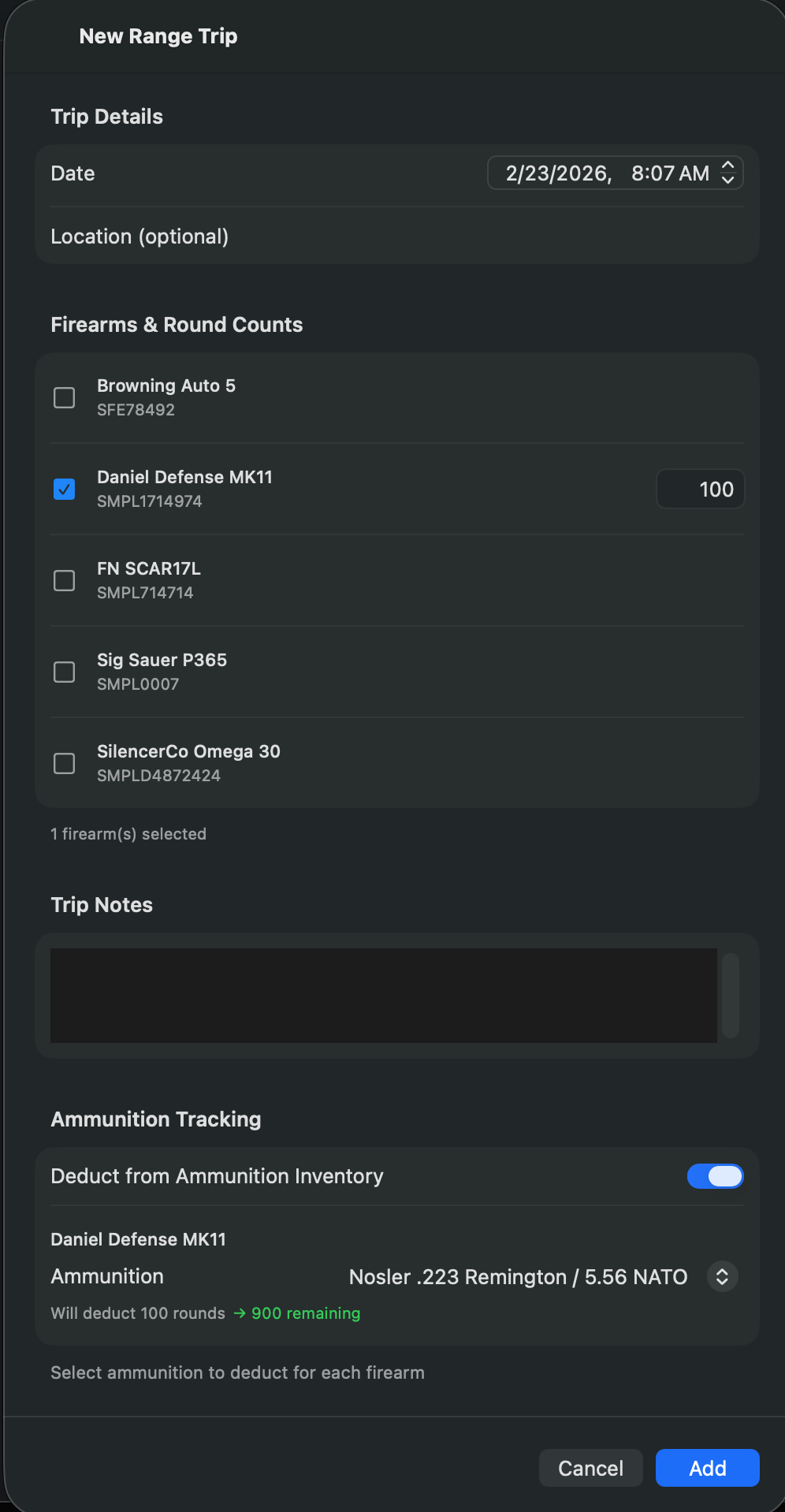 Range Trip — log range sessions with round counts and ammo tracking